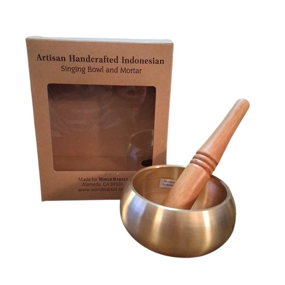 Artisan Handcrafted Singing Bowl Mortar Sound Bath Yoga Brass Bronze Wood NOB